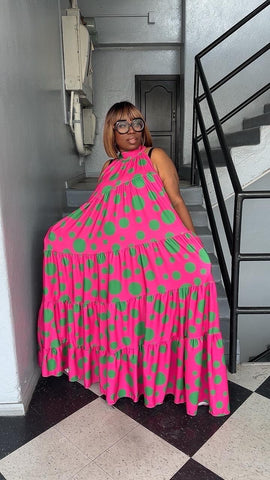 Bell Maxi Dress Green and Pink